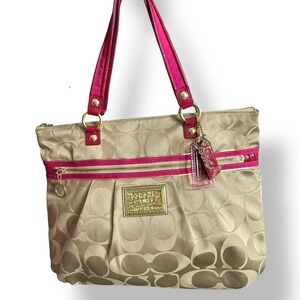 Y2k Coach Poppy‎ Signature Khaki Gold Pink Large Tote Shoulder Bag Glam